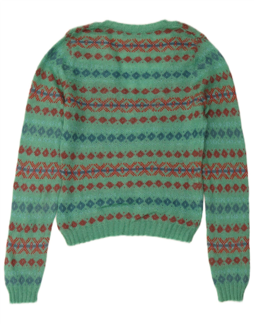 SISLEY Womens Crop V-Neck Jumper Sweater UK 14 Medium Turquoise Fair Isle