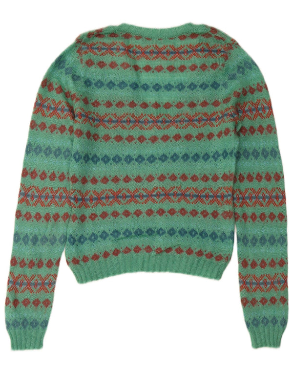 SISLEY Womens Crop V-Neck Jumper Sweater UK 14 Medium Turquoise Fair Isle