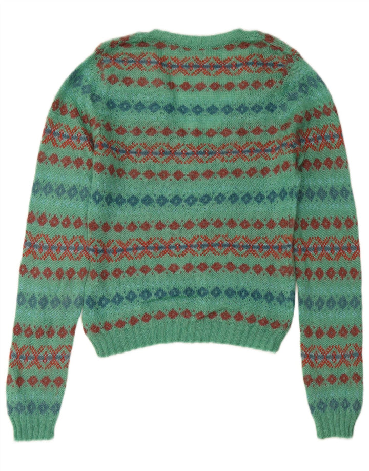 SISLEY Womens Crop V-Neck Jumper Sweater UK 14 Medium Turquoise Fair Isle