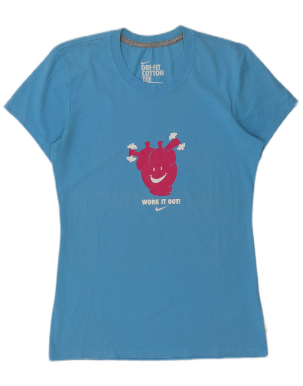 Nike Womens Dri Fit Graphic T-Shirt Top UK 12/14 Medium Blue Cotton