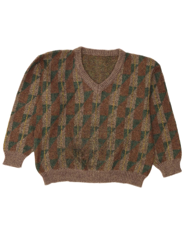 Vintage Womens V-Neck Jumper Sweater UK 14 Large Brown Geometric