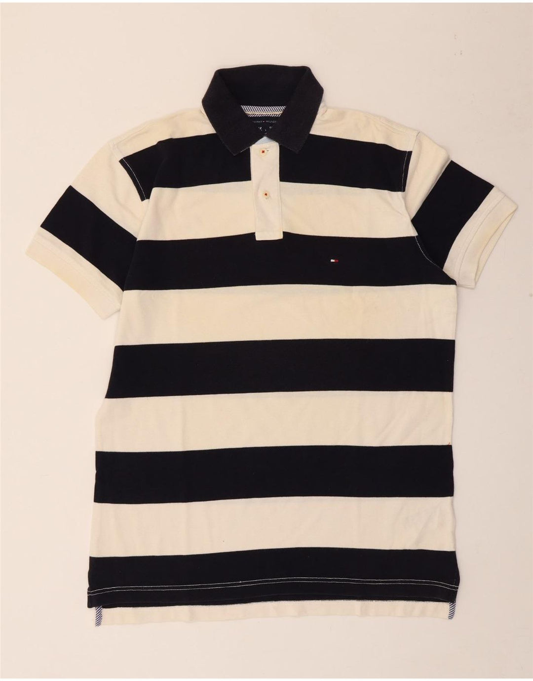 TOMMY HILFIGER Mens Rugby Polo Shirt Large Black Striped Cotton