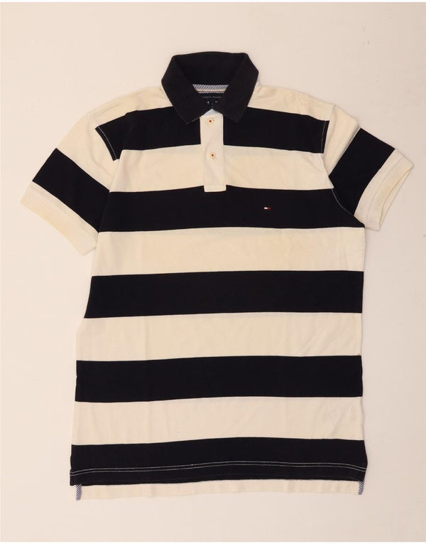 TOMMY HILFIGER Mens Rugby Polo Shirt Large Black Striped Cotton