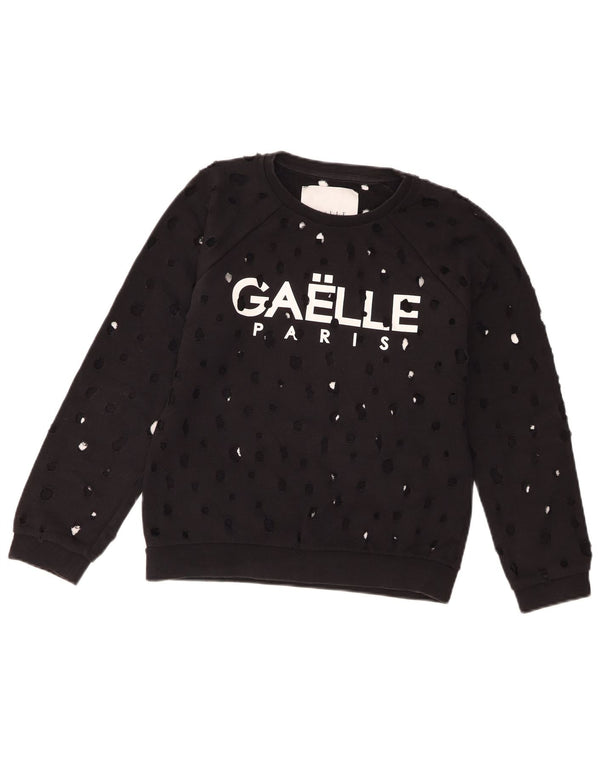 Gaelle Womens Distressed Graphic Sweatshirt Jumper UK 14 Large Black Cotton