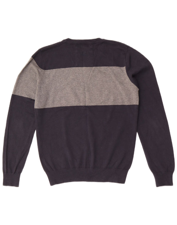 Jack & Jones Mens V-Neck Jumper Sweater Medium Navy Blue Colourblock Cotton