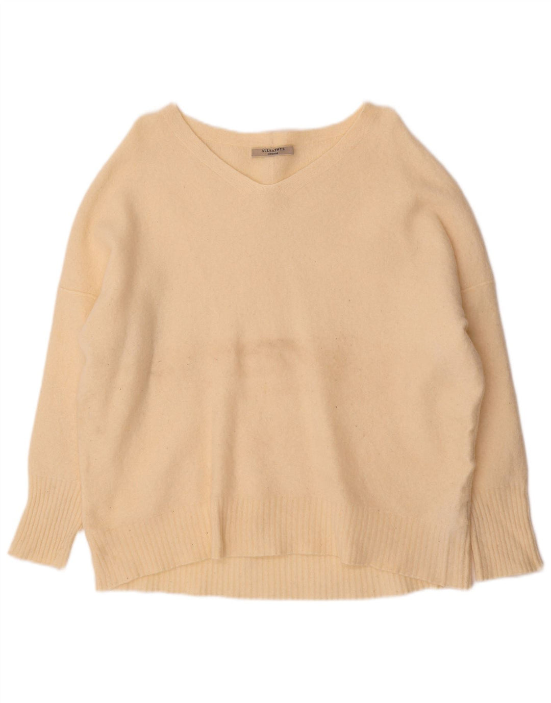 All Saints Womens Oversized V-Neck Jumper Sweater UK 14 Medium Beige Wool