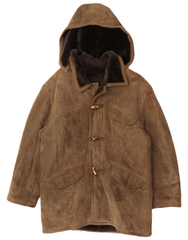 Vintage Mens Hooded Shearling Coat IT 54 2XL Khaki