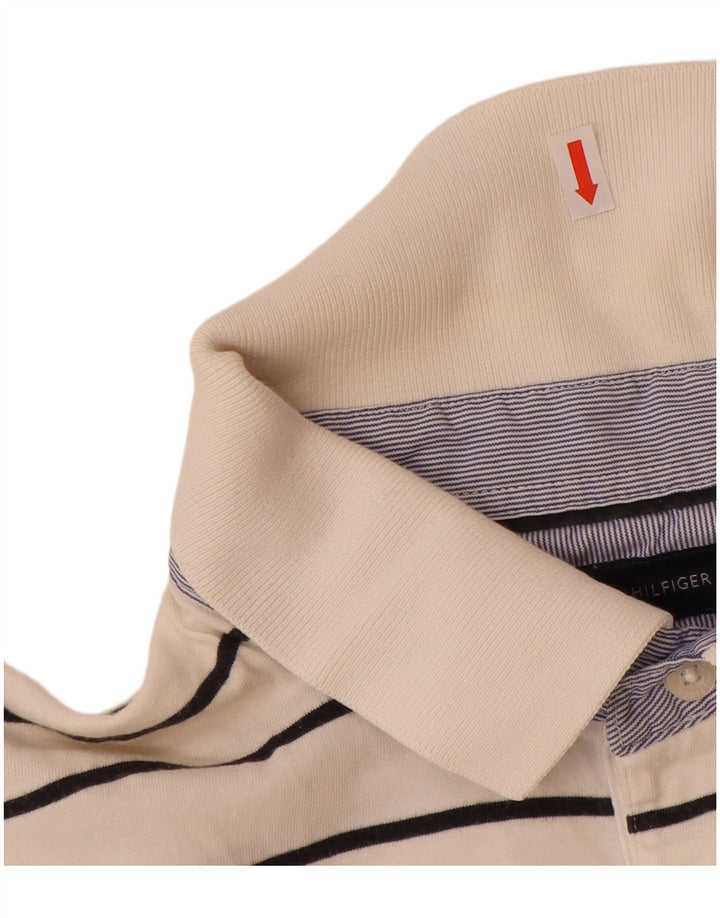 TOMMY HILFIGER Mens Polo Shirt Large Off White Striped Cotton