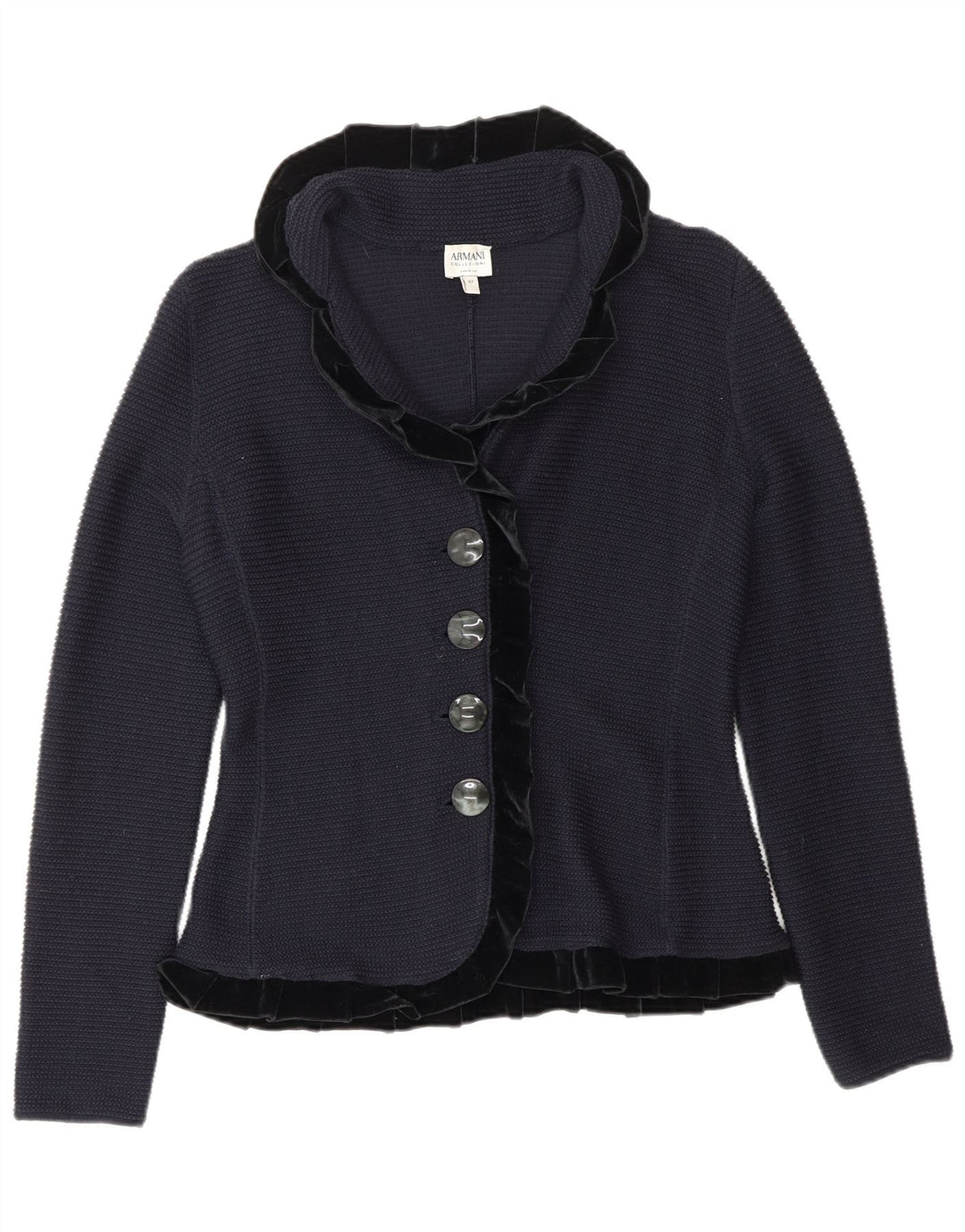 ARMANI Womens Ruffle Front Cardigan Sweater IT 42 Medium Navy Blue