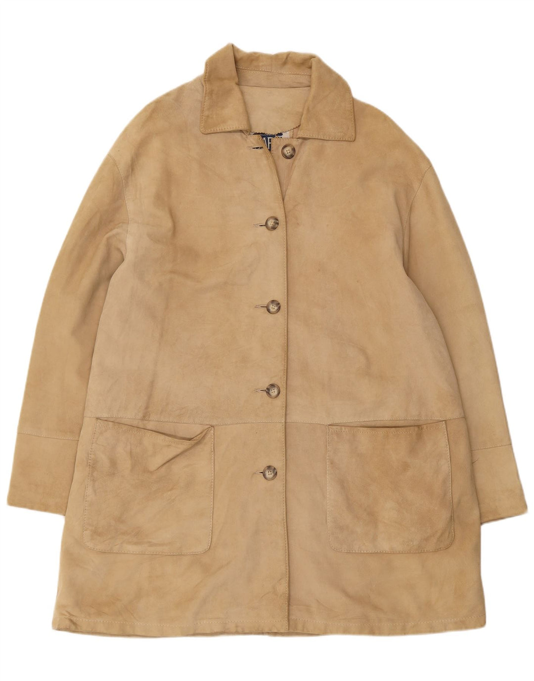 VINTAGE Womens Suede Overcoat IT 46 Large Beige Leather