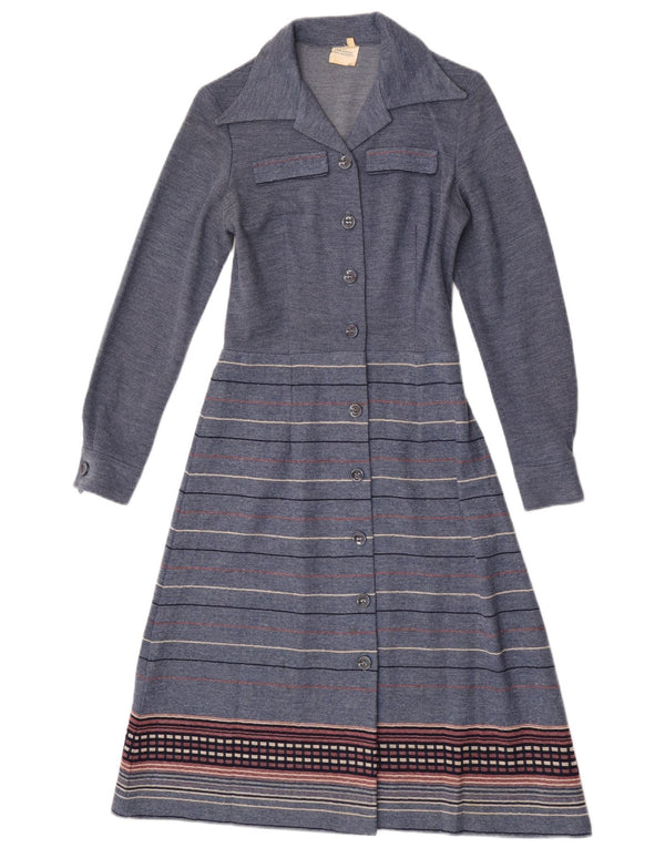 Vintage Womens Long Sleeve Shirt Dress UK 12 Medium Navy Blue Striped