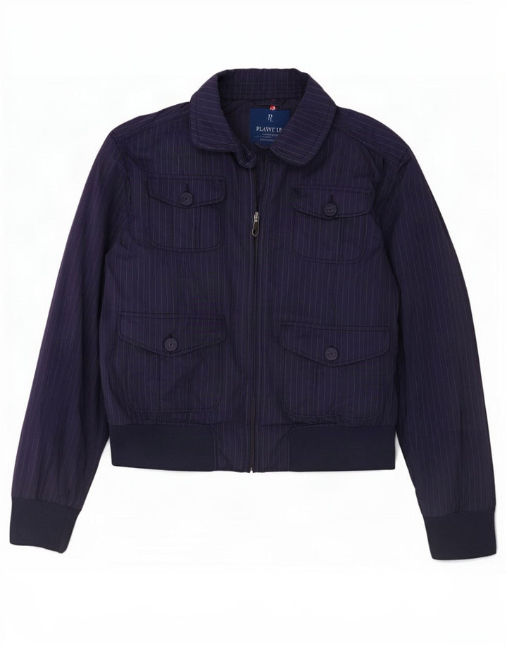 Playlife Womens Bomber Jacket UK 16 Large Navy Blue Striped Polyester
