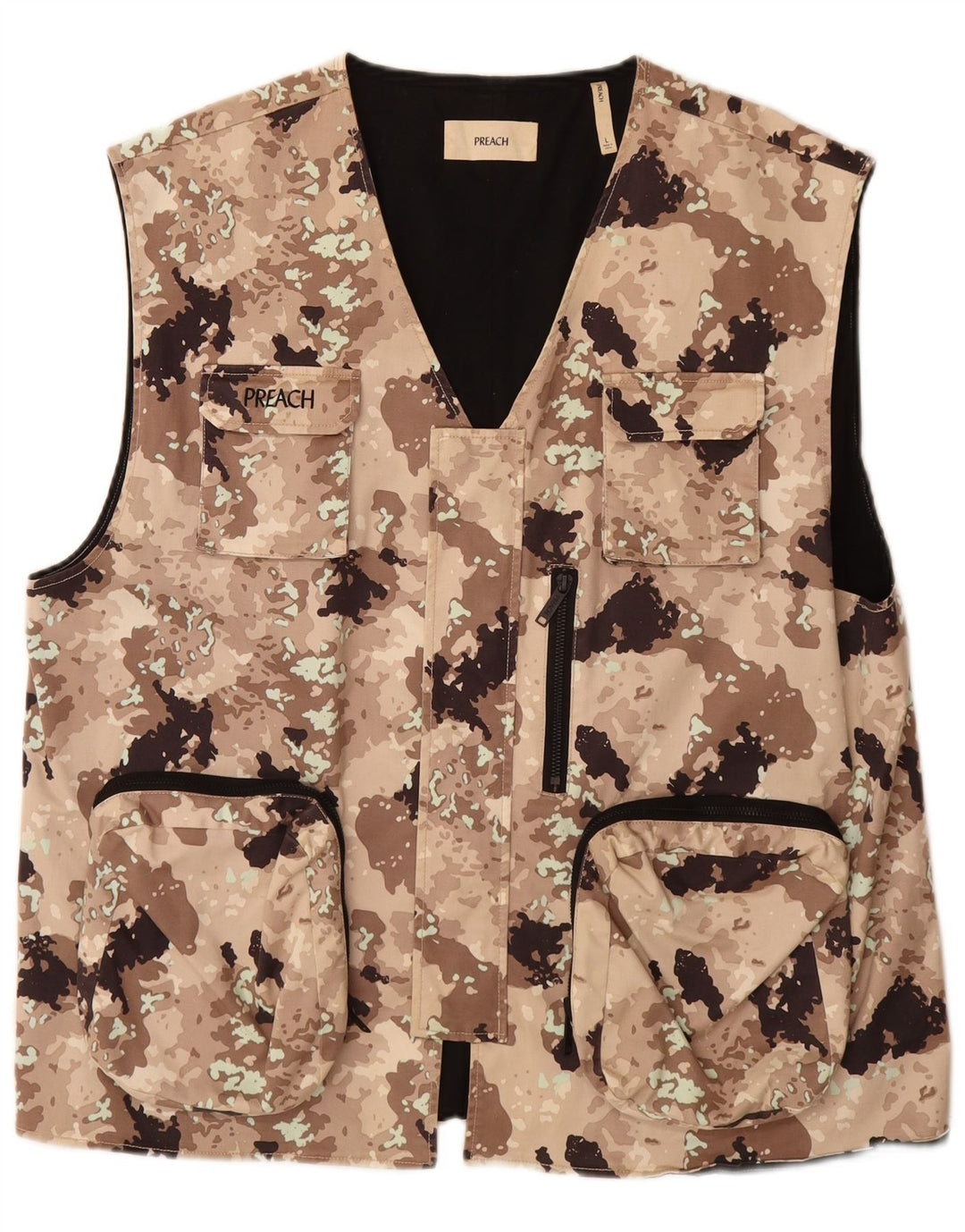 VINTAGE Mens Utility Gilet UK 40 Large Beige Camouflage Cotton