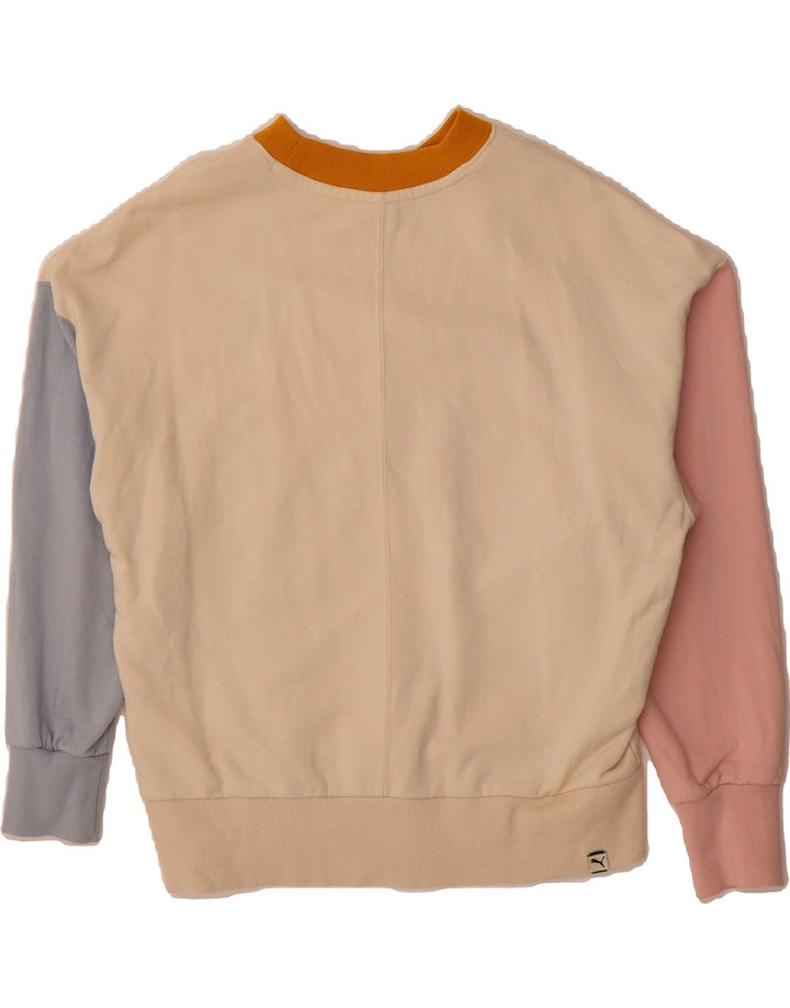 PUMA Womens Oversized Sweatshirt Jumper UK 10 Small Beige Colourblock Vintage Puma and Second-Hand Puma from Messina Hembry 
