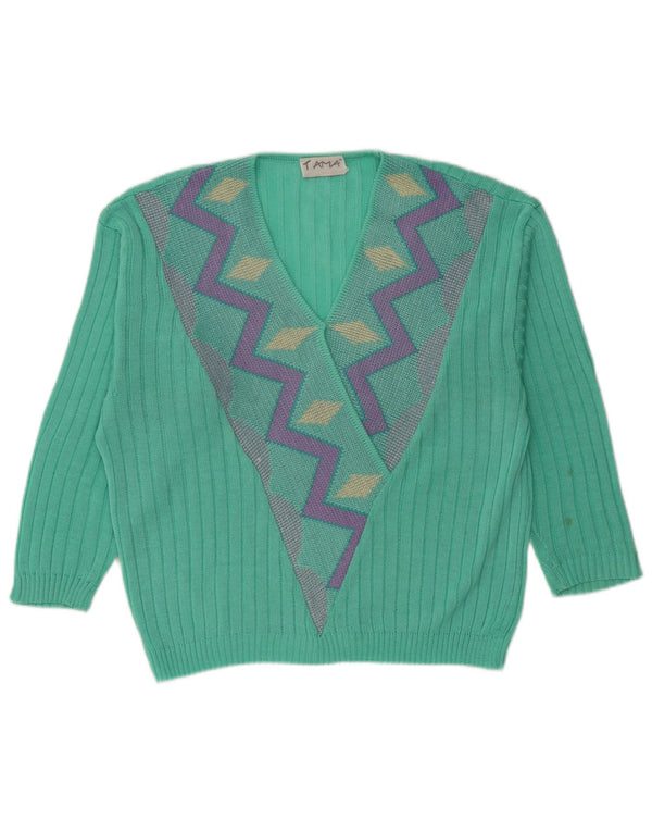 Vintage Womens V-Neck Jumper Sweater UK 16 Large Green Geometric Acrylic