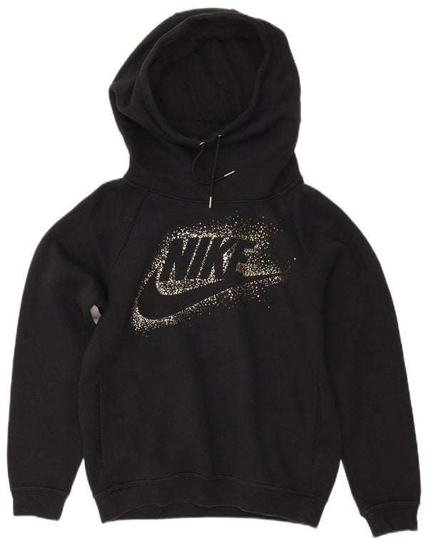NIKE Womens Oversized Graphic Hoodie Jumper UK 10 Small Black Cotton