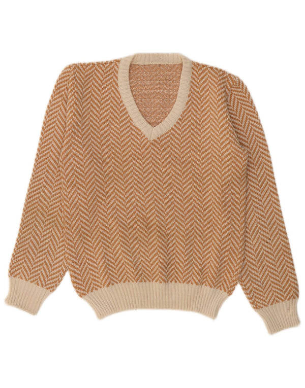 VINTAGE Mens V-Neck Jumper Sweater Small Beige Herringbone