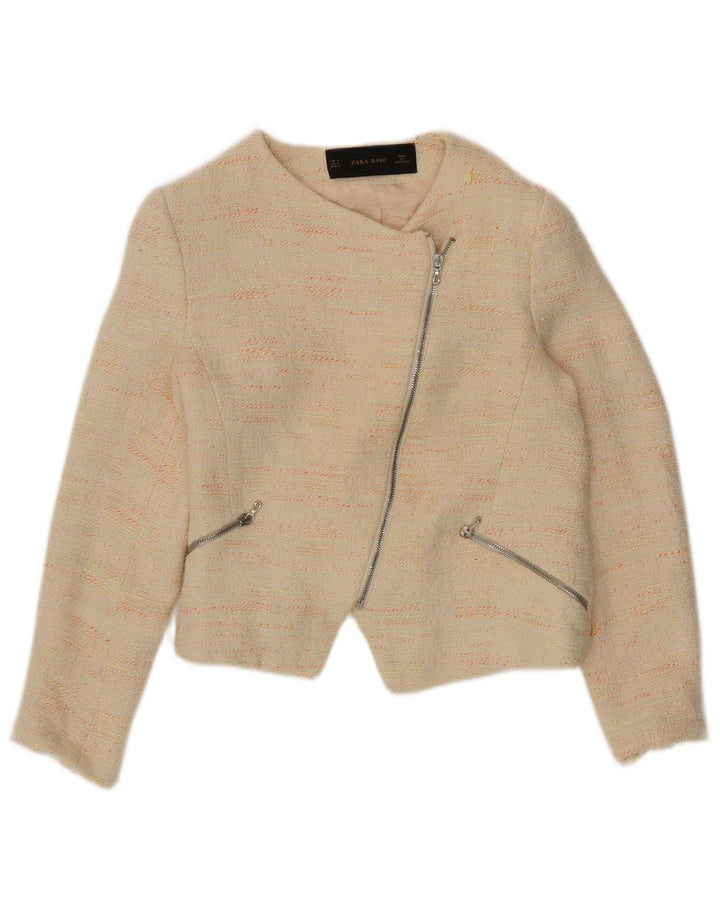 Zara Womens Crop Blazer Jacket UK 12 Medium Beige Flecked Cotton