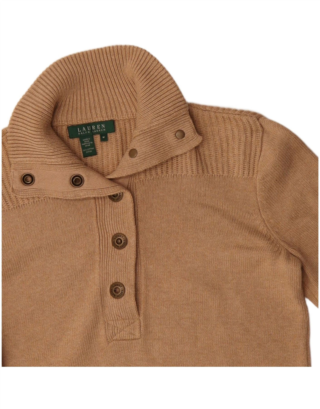 Ralph Lauren Womens Button Neck Jumper Sweater UK 12 Medium Beige Cotton