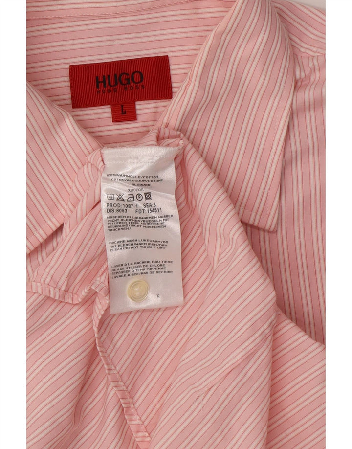 HUGO BOSS Mens Shirt Large Pink Striped Cotton