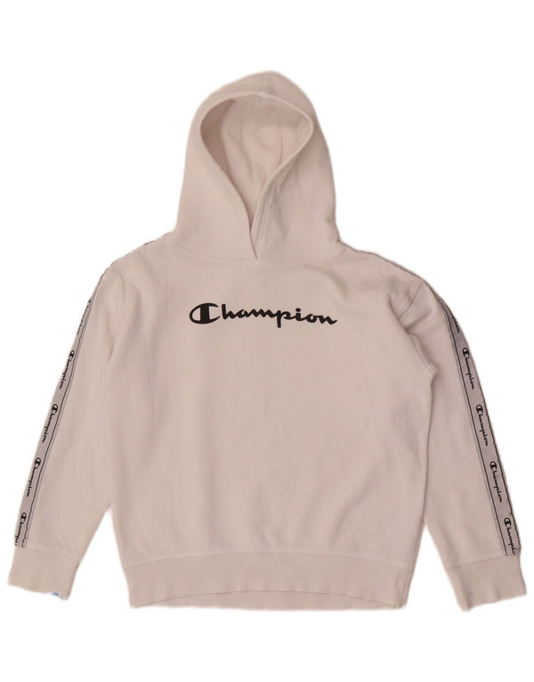 Champion Girls Graphic Hoodie Jumper 9-10 Years Medium White Cotton