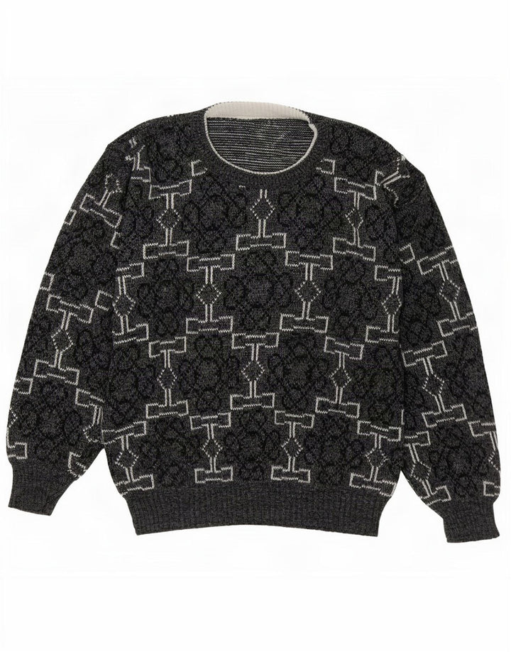 Vintage Mens Crew Neck Jumper Sweater Medium Grey Geometric