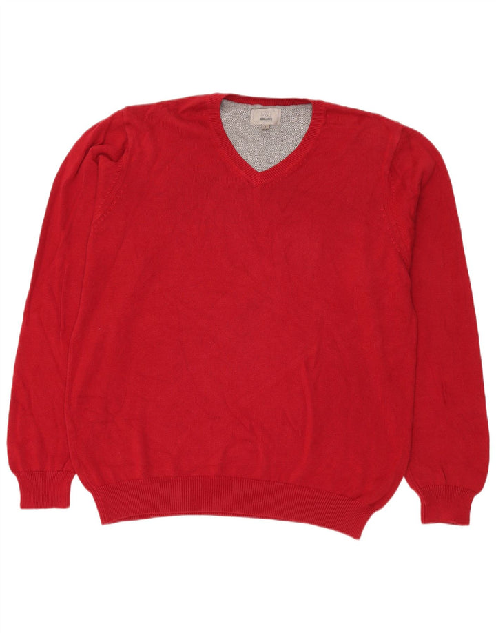 MARKS & SPENCER Mens Regular Fit V-Neck Jumper Sweater Large Red Cotton