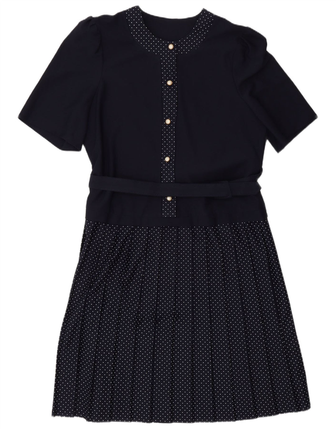 VINTAGE Womens A-Line Dress UK 16 Large Navy Blue Spotted Polyester