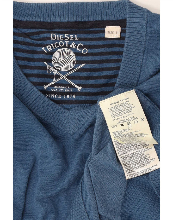 Diesel Mens V-Neck Jumper Sweater Large Blue Cotton