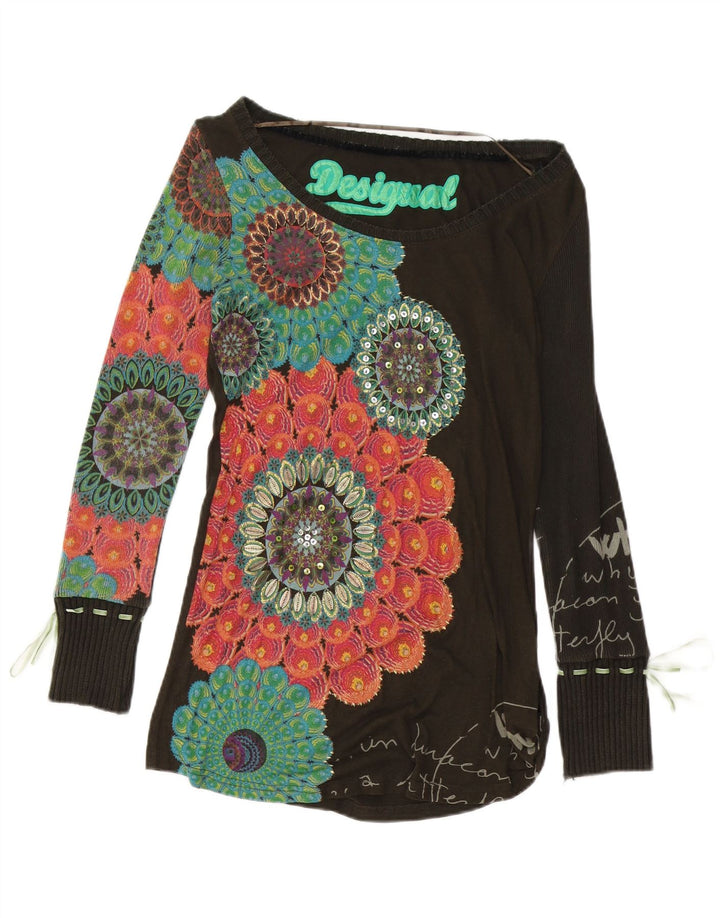 DESIGUAL Womens Graphic Top Long Sleeve UK 10 Small Brown Floral Cotton