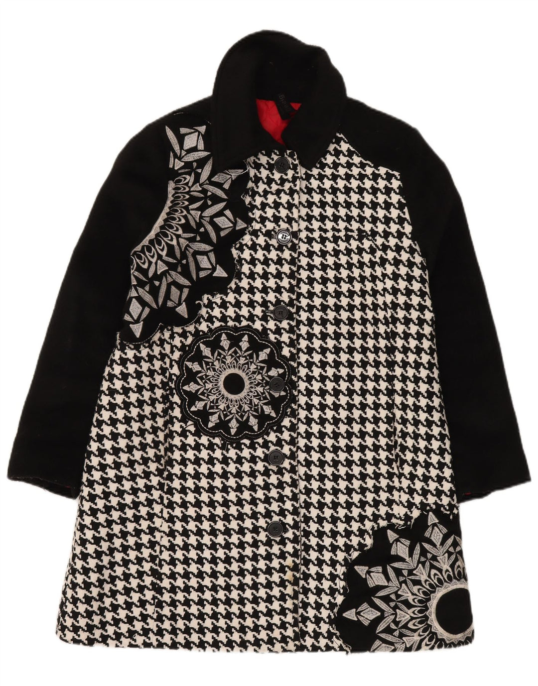 DESIGUAL Womens Graphic Overcoat EU 44 XL Black Houndstooth Polyester