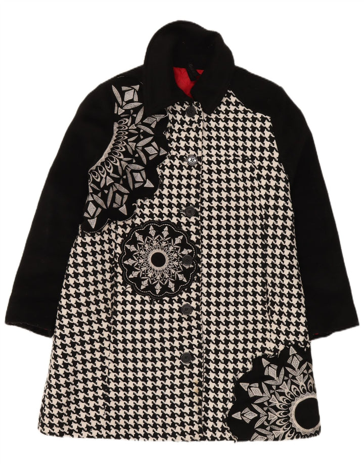 DESIGUAL Womens Graphic Overcoat EU 44 XL Black Houndstooth Polyester