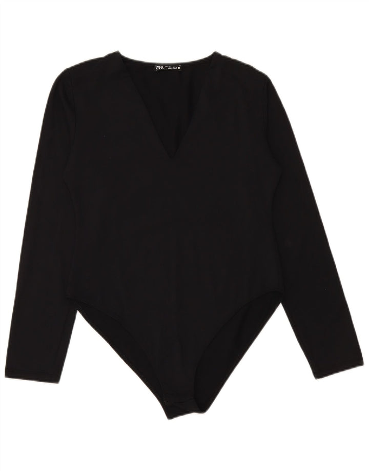 ZARA Womens Long Sleeve Bodysuit UK 14 Large Black Polyamide