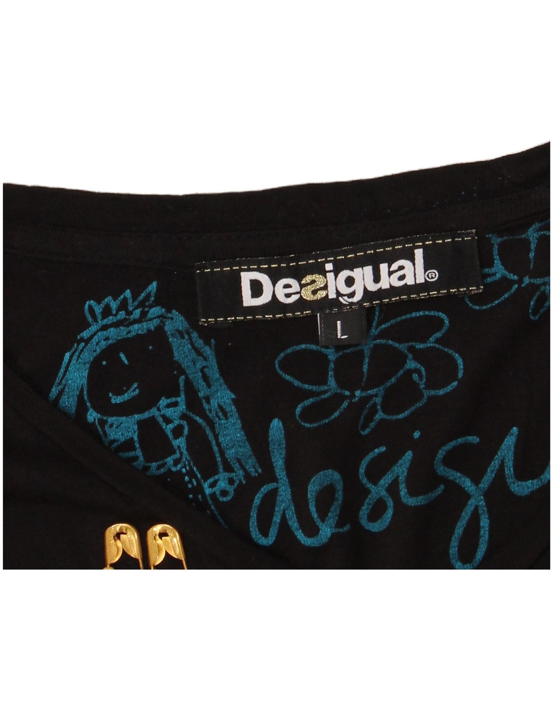 DESIGUAL Womens Graphic Top Long Sleeve UK 16 Large Black