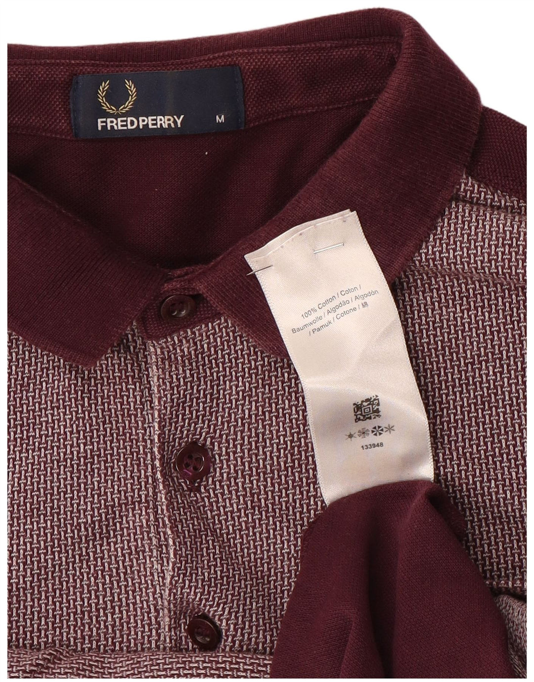 Fred Perry Mens Polo Shirt Medium Burgundy Check Cotton
