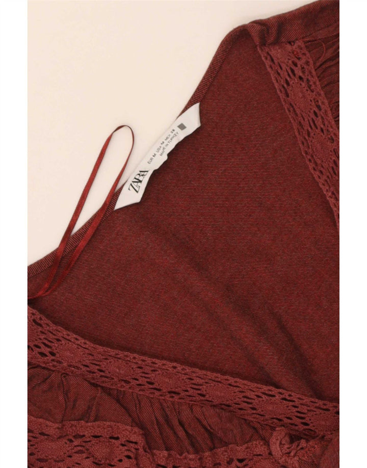 Zara Womens Ruffle Front Long Sleeve Blouse Top UK 12 Medium Maroon