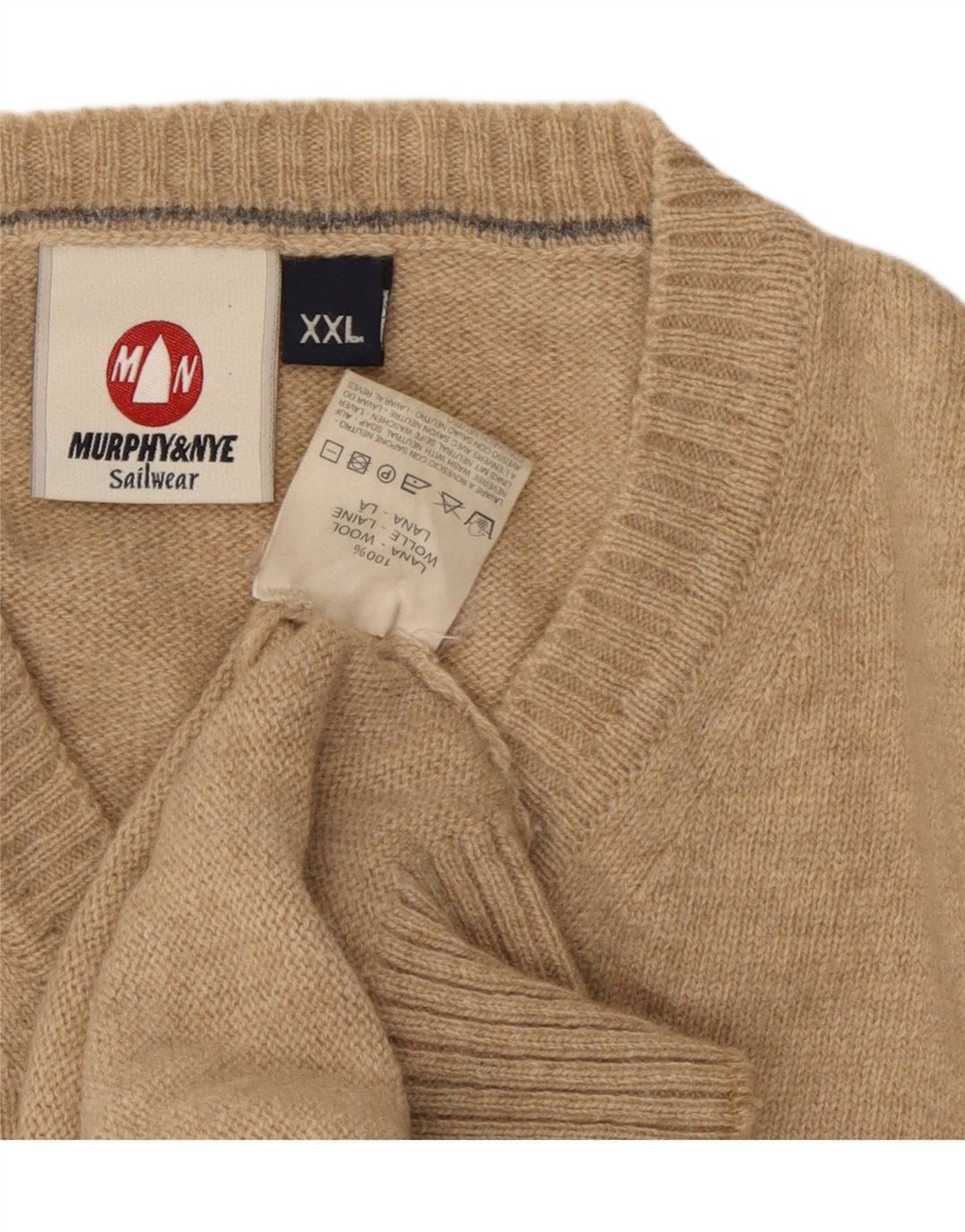Murphy & Nye Mens V-Neck Jumper Sweater 2XL Beige Wool