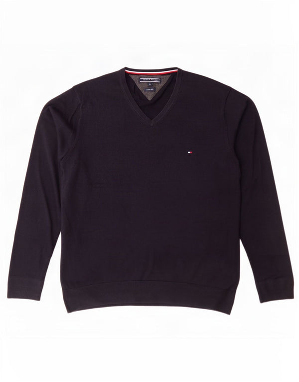 Tommy Hilfiger Mens V-Neck Jumper Sweater XL Navy Blue Cotton