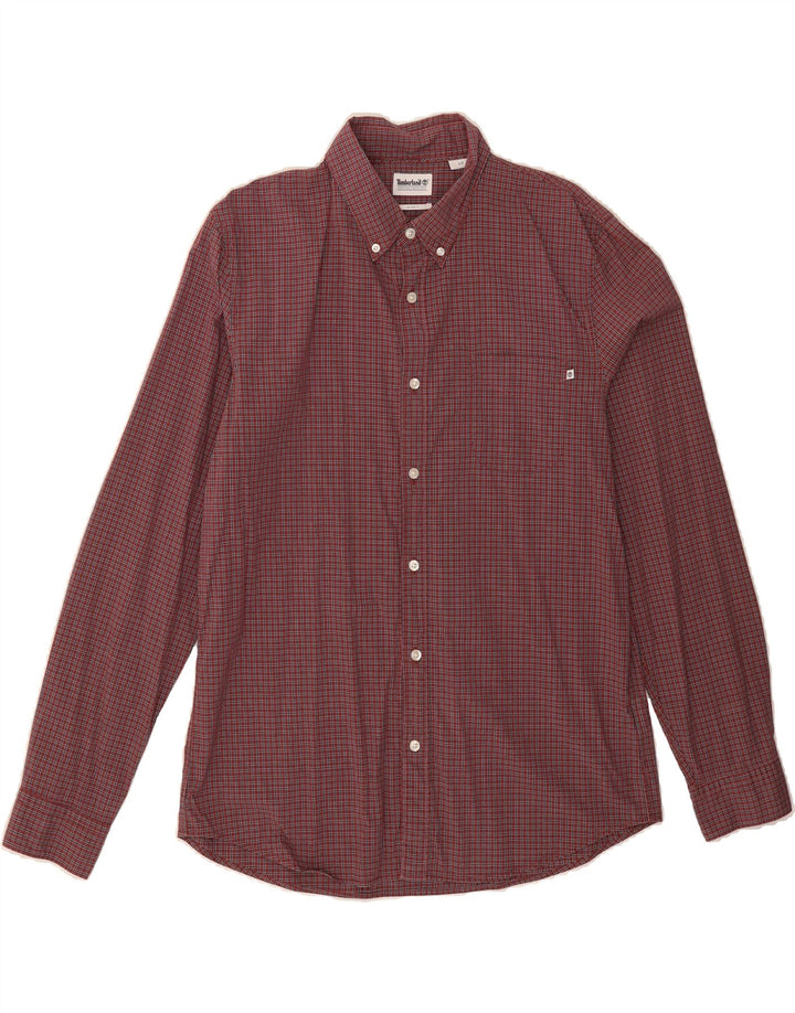 TIMBERLAND Mens Slim Fit Shirt Large Maroon Check Cotton Vintage Timberland and Second-Hand Timberland from Messina Hembry 