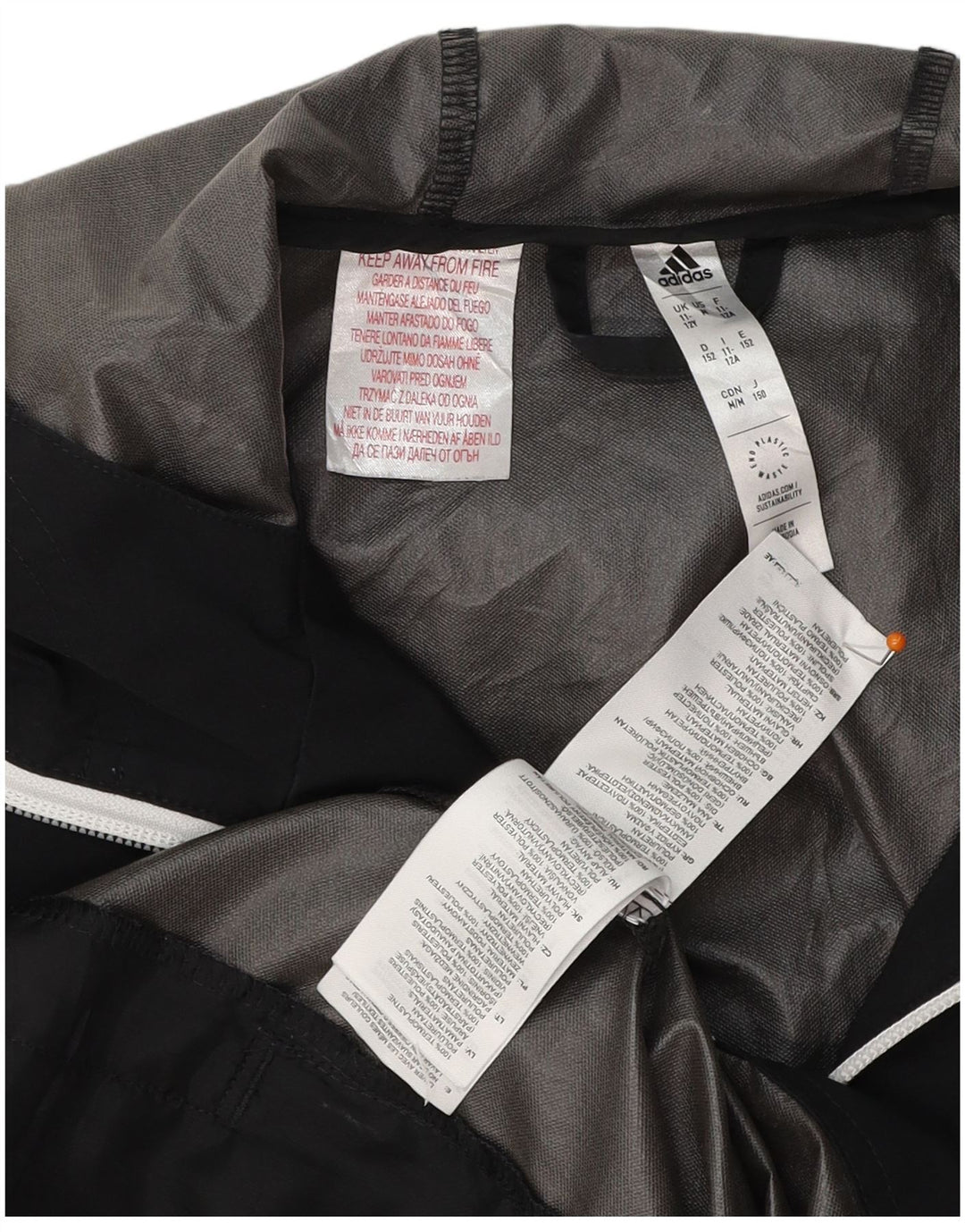 ADIDAS Boys Ancona Graphic Hooded Rain Jacket 11-12 Years Black Polyester