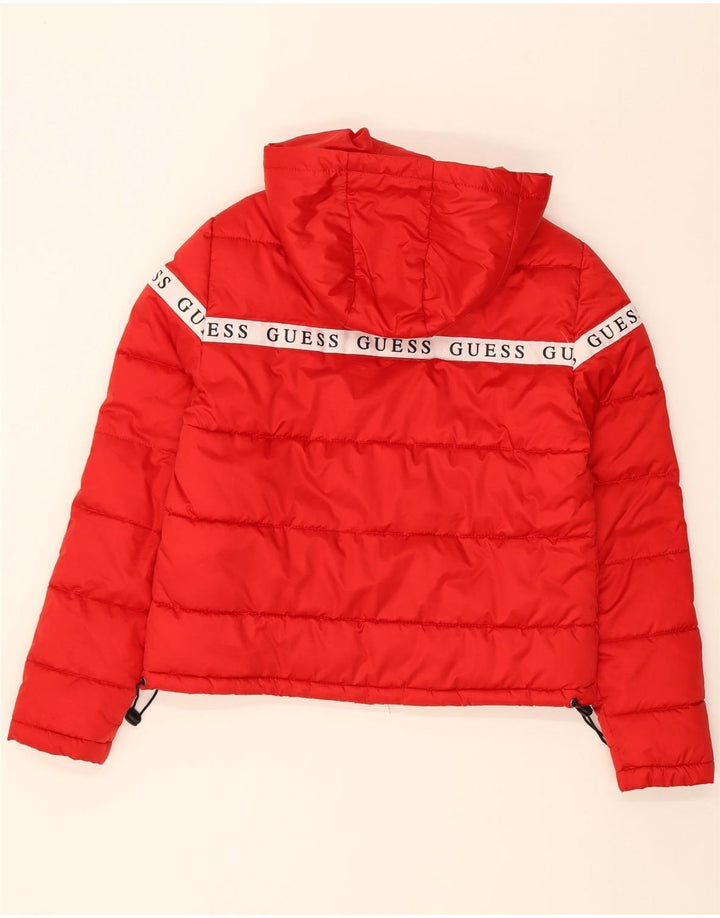 GUESS Womens Graphic Hooded Padded Jacket UK 10 Small Red Polyester Vintage Guess and Second-Hand Guess from Messina Hembry 