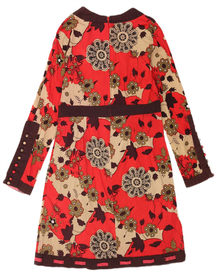 Vintage Womens Long Sleeve Basic Dress UK 12 Medium Red Floral Cotton