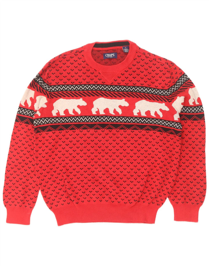 Chaps Mens Crew Neck Jumper Sweater Medium Red Fair Isle