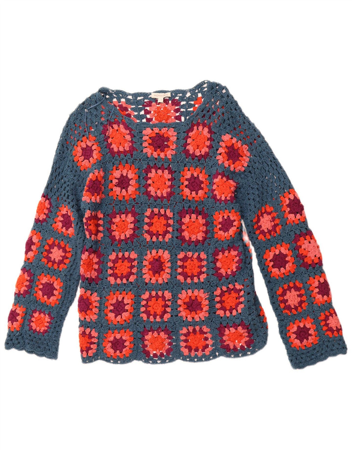 MONSOON Womens Crochet Boat Neck Jumper Sweater UK 10 Small Blue Check