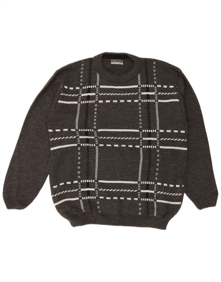 Basicline Mens Crew Neck Jumper Sweater UK 42/44 Large Grey Check Acrylic
