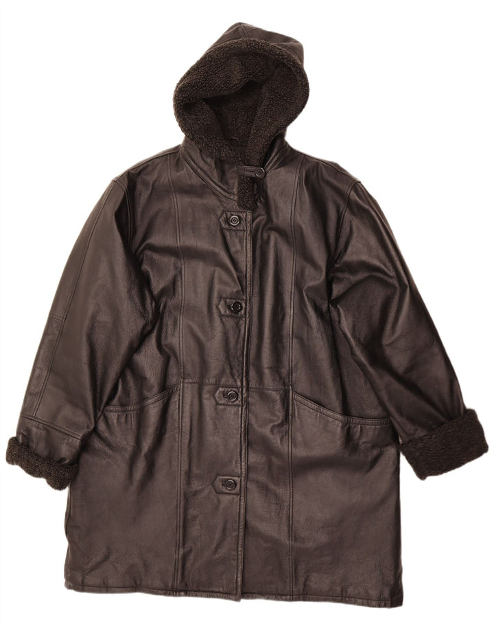 Modern Classics Womens Hooded Leather Coat UK 22 3XL Black Leather