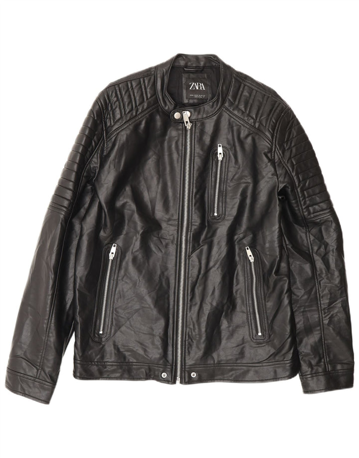 Zara Mens Faux Leather Jacket UK 42 XL Black Polyester