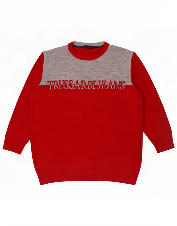 Trussardi Jeans Mens Crew Neck Jumper Sweater Medium Red Colourblock