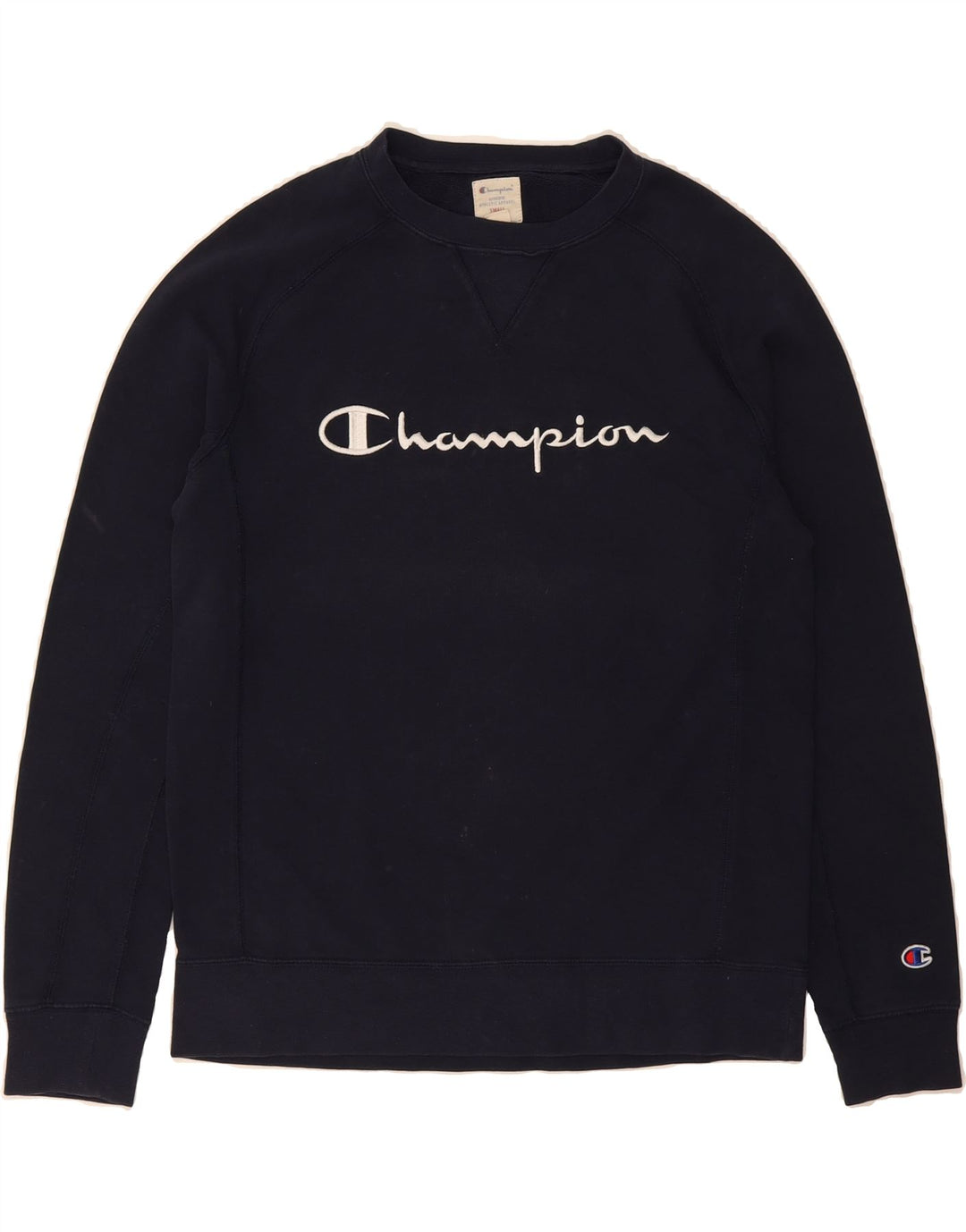 CHAMPION Mens Graphic Sweatshirt Jumper Small Navy Blue Cotton Vintage Champion and Second-Hand Champion from Messina Hembry 