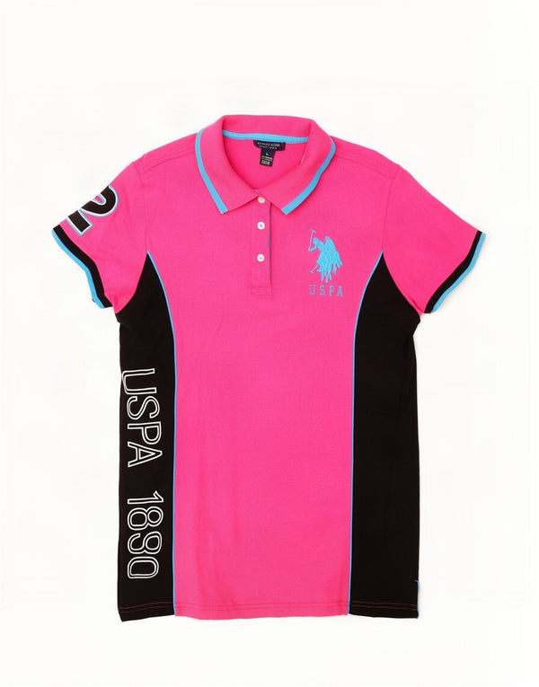 U.S. Polo Assn. Womens Graphic Shirt UK 14 Large Pink Colourblock